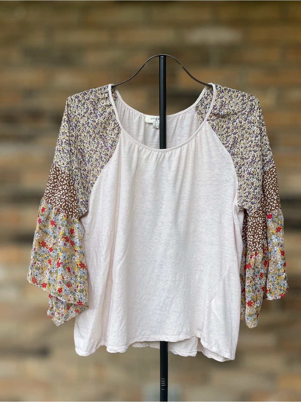 Umgee Large Boho Mixed Print Bell Sleeve Linen Blend Blouse